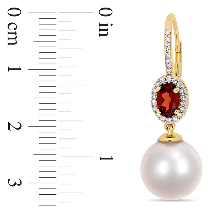 11.0-12.0mm Freshwater Cultured Pearl, Oval Garnet and 0.22 CT. T.W. Diamond Frame Drop Earrings in 10K Gold|Peoples Jewellers