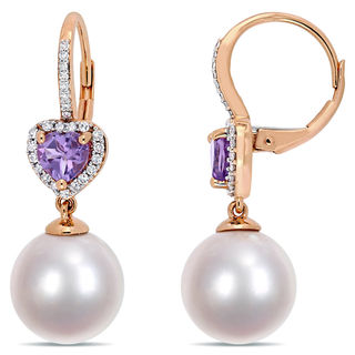 11.0-12.0mm Freshwater Cultured Pearl, Amethyst and 0.21 CT. T.W. Diamond Frame Drop Earrings in 10K Rose Gold