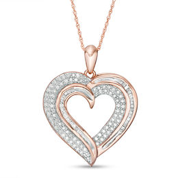 0.45 CT. T.W. Baguette and Round Diamond Heart Pendant in 10K Rose Gold