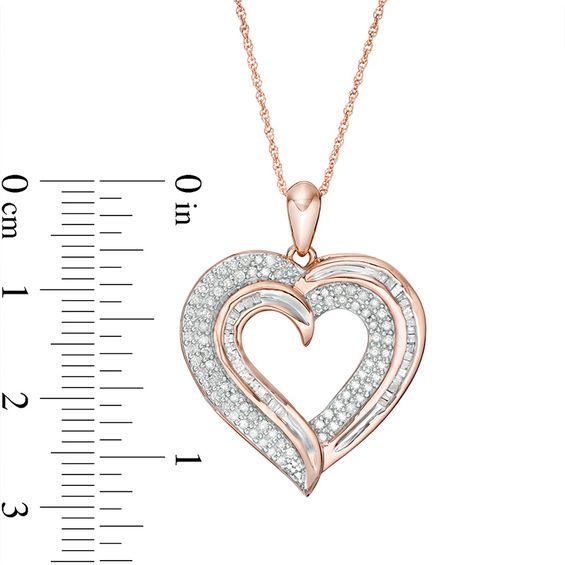 0.45 CT. T.W. Baguette and Round Diamond Heart Pendant in 10K Rose Gold