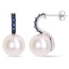 Thumbnail Image 0 of 11.0-12.0mm Freshwater Cultured Pearl and Blue Sapphire Curve Drop Earrings in 10K White Gold