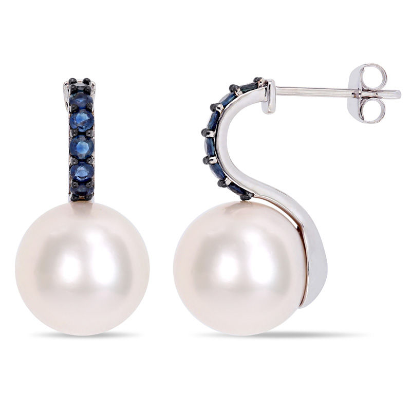 11.0-12.0mm Freshwater Cultured Pearl and Blue Sapphire Curve Drop Earrings in 10K White Gold|Peoples Jewellers