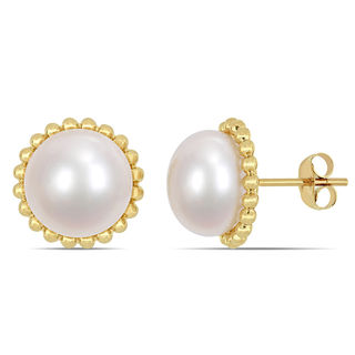 10.5-11.0mm Button Freshwater Cultured Pearl Bead Frame Stud Earrings in 10K Gold