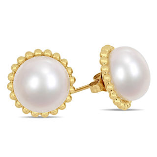 10.5-11.0mm Button Freshwater Cultured Pearl Bead Frame Stud Earrings in 10K Gold