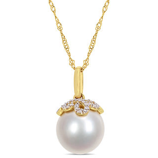 10.0-11.0mm South Sea Cultured Pearl and 0.073 CT. T.W. Diamond Leaf Top Pendant in 14K Gold-17"