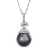 Thumbnail Image 0 of 10.0-11.0mm Oval Black Tahitian Cultured Pearl and 0.097 CT. T.W. Diamond Flower Top Pendant in 14K White Gold-17"