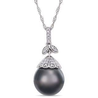 10.0-11.0mm Oval Black Tahitian Cultured Pearl and 0.097 CT. T.W. Diamond Flower Top Pendant in 14K White Gold-17"