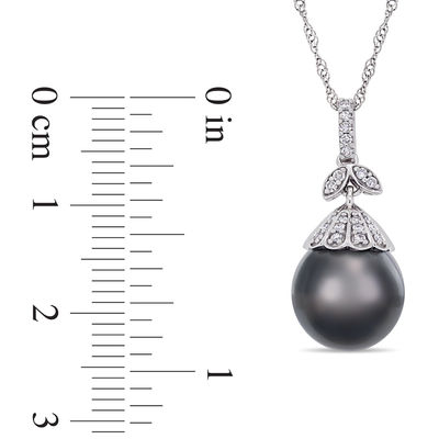 10.0-11.0mm Oval Black Tahitian Cultured Pearl and 0.097 CT. T.W. Diamond Flower Top Pendant in 14K White Gold-17"