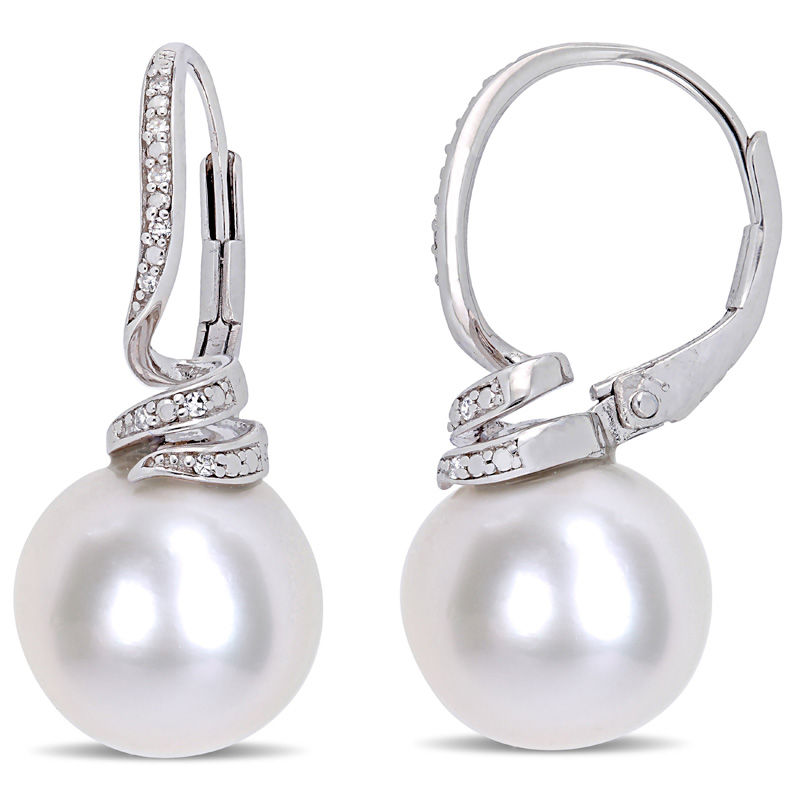 11.0-12.0mm Freshwater Cultured Pearl and 0.048 CT. T.W. Diamond Swirl Drop Earrings in Sterling Silver|Peoples Jewellers