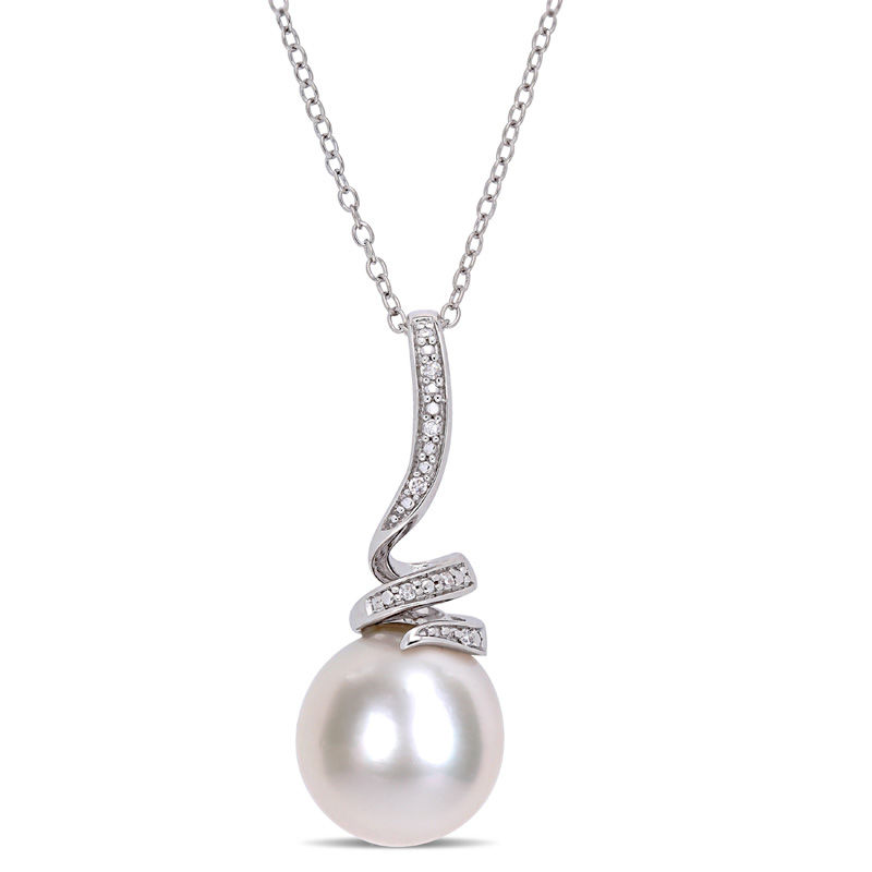 11.0-12.0mm Freshwater Cultured Pearl and Diamond Accent Swirl Pendant in Sterling Silver