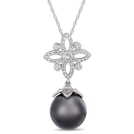 11.0-12.0mm Oval Black Tahitian Cultured Pearl and 0.26 CT. T.W. Diamond Ornate Flower Pendant in 14K White Gold-17"