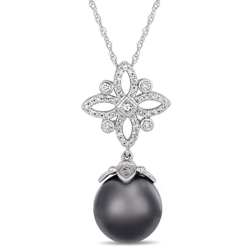 11.0-12.0mm Oval Black Tahitian Cultured Pearl and 0.26 CT. T.W. Diamond Ornate Flower Pendant in 14K White Gold-17"|Peoples Jewellers