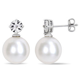 11.0-12.0mm Freshwater Cultured Pearl and Diamond Accent Drop Earrings in Sterling Silver