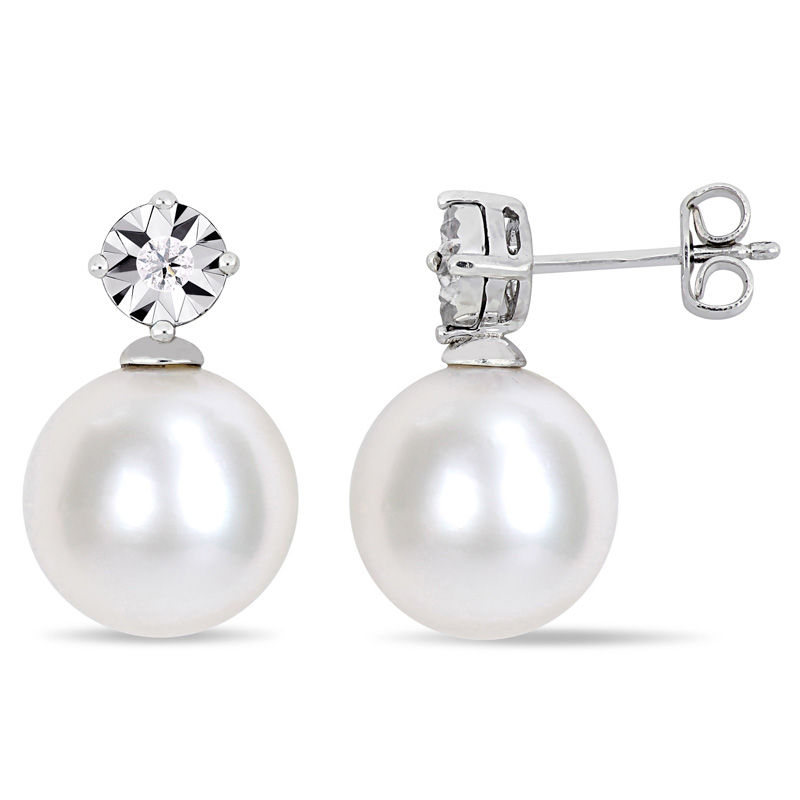 11.0-12.0mm Freshwater Cultured Pearl and Diamond Accent Drop Earrings in Sterling Silver|Peoples Jewellers