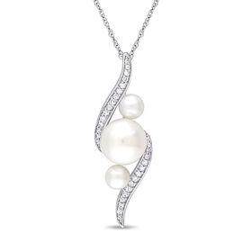 Freshwater Cultured Pearl and 0.13 CT. T.W. Diamond Linear Three Stone Bypass Pendant in 10K White Gold-17&quot;