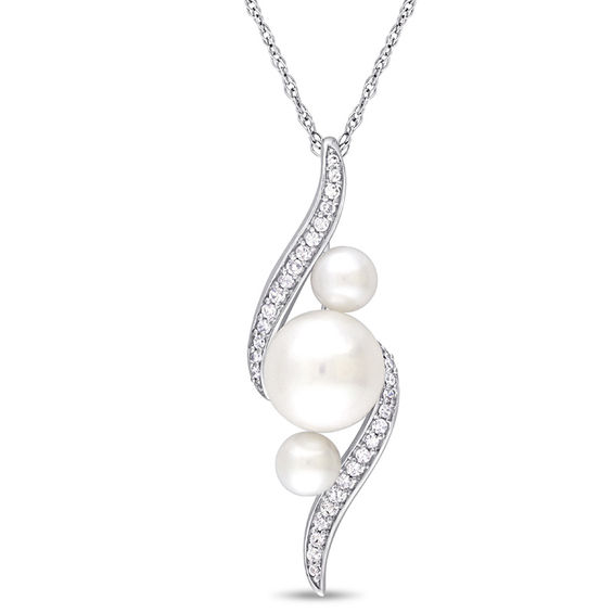 Freshwater Cultured Pearl and 0.13 CT. T.W. Diamond Linear Three Stone Bypass Pendant in 10K White Gold-17"