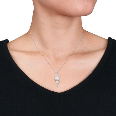 Freshwater Cultured Pearl and 0.13 CT. T.W. Diamond Linear Three Stone Bypass Pendant in 10K White Gold-17"