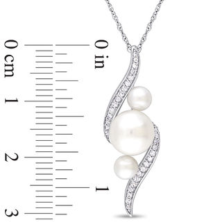 Freshwater Cultured Pearl and 0.13 CT. T.W. Diamond Linear Three Stone Bypass Pendant in 10K White Gold-17"