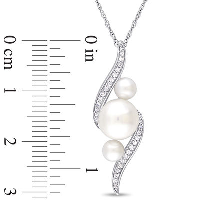 Freshwater Cultured Pearl and 0.13 CT. T.W. Diamond Linear Three Stone Bypass Pendant in 10K White Gold-17"