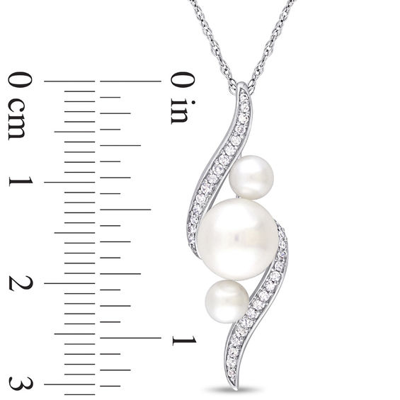 Freshwater Cultured Pearl and 0.13 CT. T.W. Diamond Linear Three Stone Bypass Pendant in 10K White Gold-17"