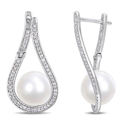 9.0-9.5mm Freshwater Cultured Pearl and 0.30 CT. T.W. Diamond Flame Drop Earrings in 14K White Gold