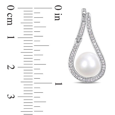 9.0-9.5mm Freshwater Cultured Pearl and 0.30 CT. T.W. Diamond Flame Drop Earrings in 14K White Gold