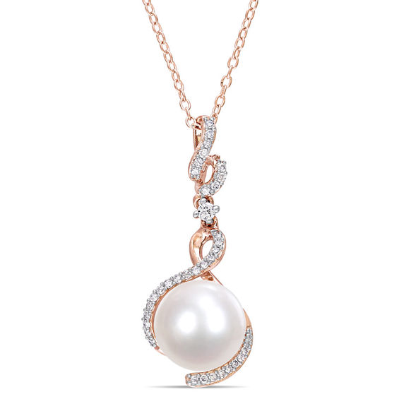 Freshwater Cultured Pearl, White Sapphire and 0.15 CT. T.W. Diamond Drop Pendant in Sterling Silver with Rose Rhodium