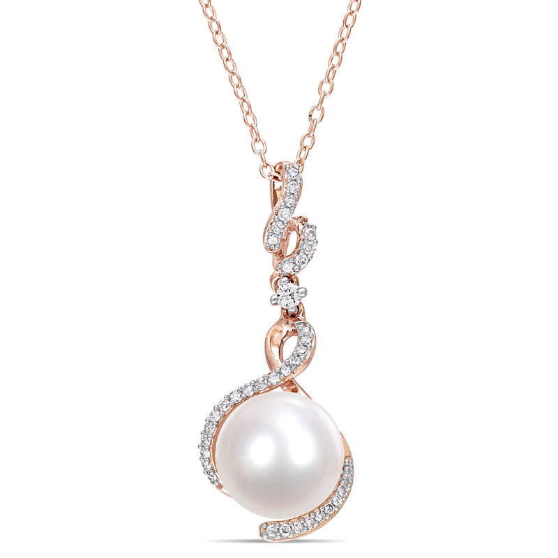Freshwater Cultured Pearl, White Sapphire and 0.15 CT. T.W. Diamond Drop Pendant in Sterling Silver with Rose Rhodium|Peoples Jewellers