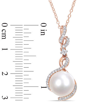 Freshwater Cultured Pearl, White Sapphire and 0.15 CT. T.W. Diamond Drop Pendant in Sterling Silver with Rose Rhodium