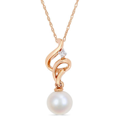 7.0-7.5mm Freshwater Cultured Pearl and Diamond Accent Ribbon Pendant in 10K Rose Gold-17"