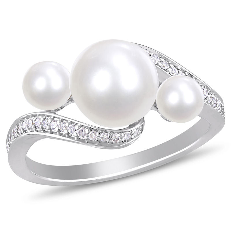 Freshwater Cultured Pearl and 0.16 CT. T.W. Diamond Three Stone Bypass Ring in 10K White Gold|Peoples Jewellers