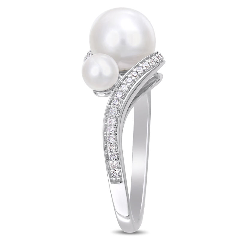 Freshwater Cultured Pearl and 0.16 CT. T.W. Diamond Three Stone Bypass Ring in 10K White Gold|Peoples Jewellers
