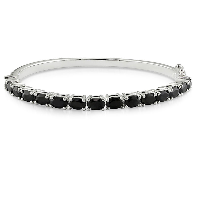 Sideways Oval Black Sapphire Line Bangle in Sterling Silver