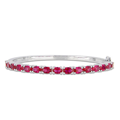 Sideways Oval Lab-Created Ruby Line Bangle in Sterling Silver