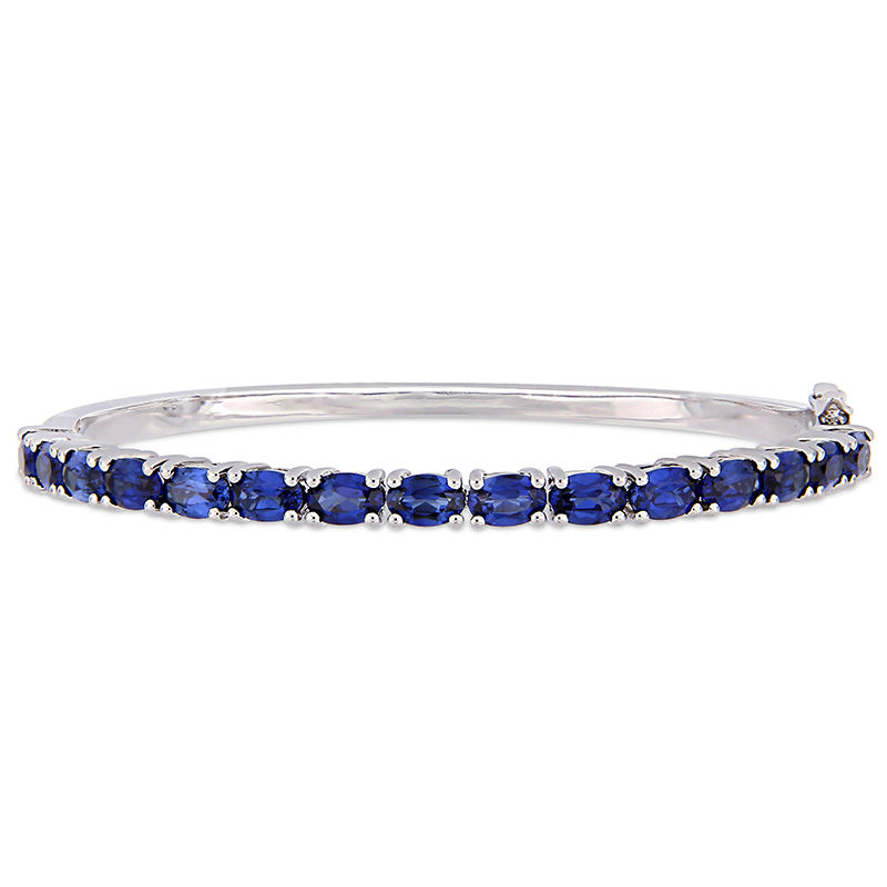 Sideways Oval Lab-Created Blue Sapphire Line Bangle in Sterling Silver|Peoples Jewellers