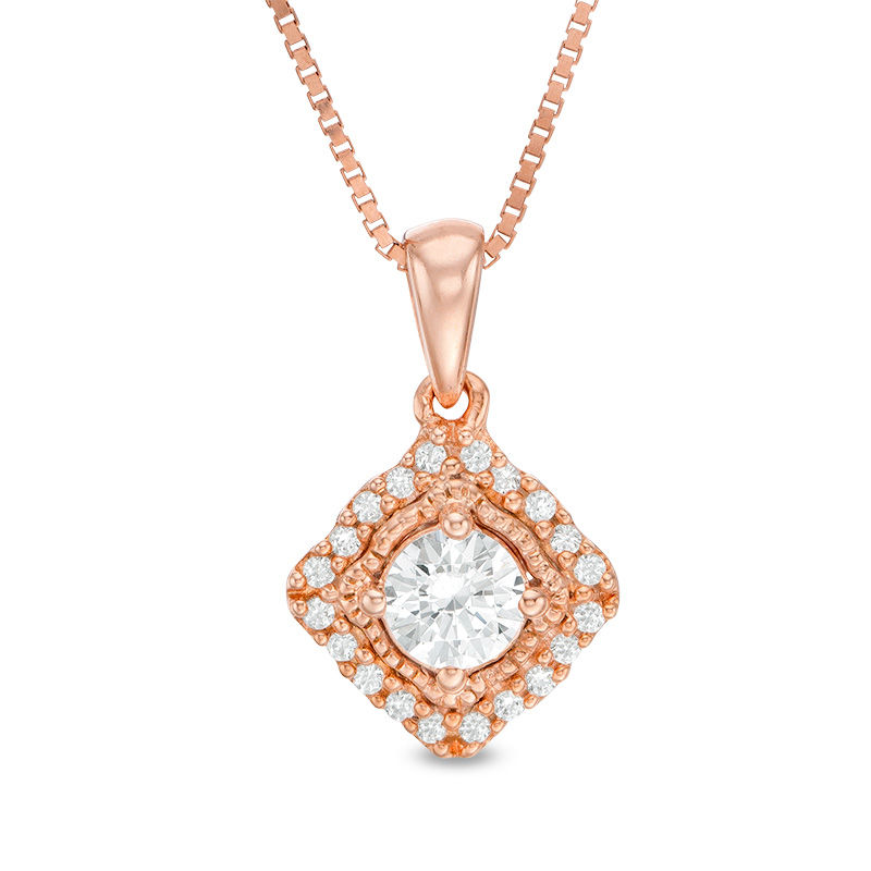 0.32 CT. T.W. Certified Canadian Diamond Tilted Cushion Frame Vintage-Style Pendant in 10K Rose Gold (I/I1)