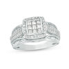 Thumbnail Image 1 of 1.00 CT. T.W. Princess-Cut Composite Diamond Frame Multi-Row Vintage-Style Engagement Ring in 14K White Gold