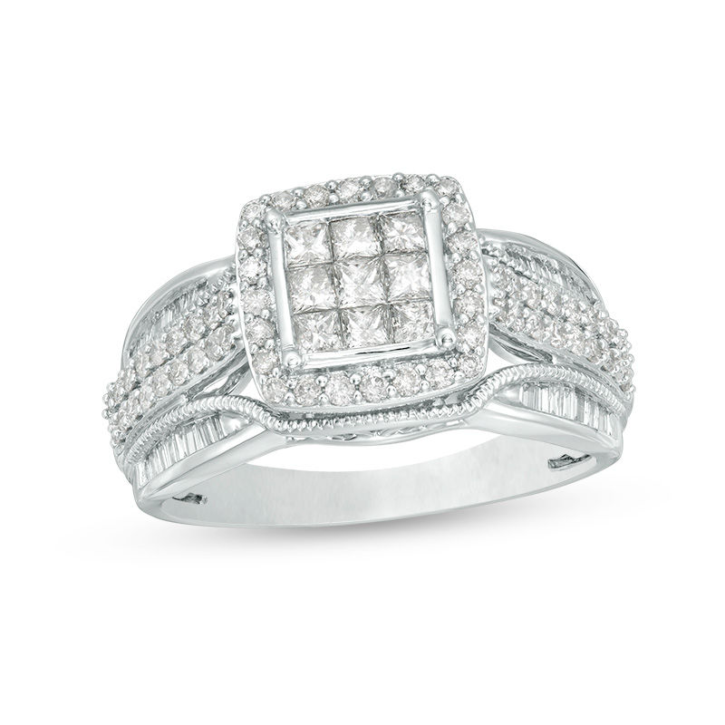 Main Image 1 of 1.00 CT. T.W. Princess-Cut Composite Diamond Frame Multi-Row Vintage-Style Engagement Ring in 14K White Gold