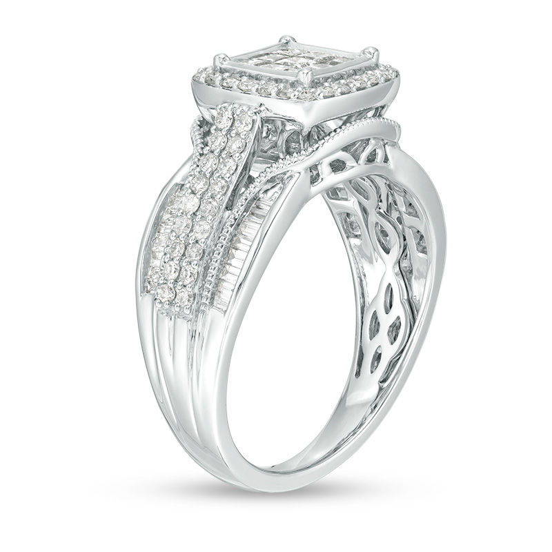 Main Image 2 of 1.00 CT. T.W. Princess-Cut Composite Diamond Frame Multi-Row Vintage-Style Engagement Ring in 14K White Gold