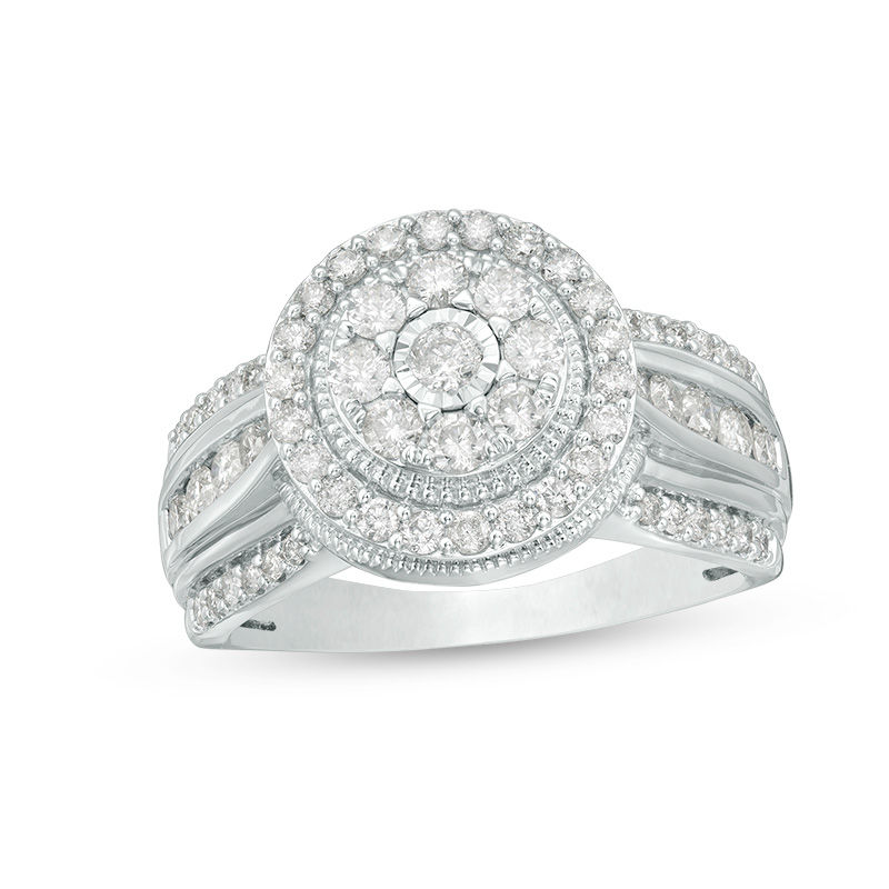 1.00 CT. T.W. Composite Diamond Frame Multi-Row Vintage-Style Engagement Ring in 14K White Gold