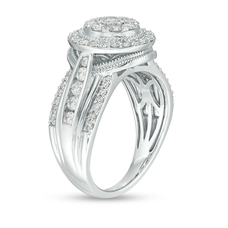 1.00 CT. T.W. Composite Diamond Frame Multi-Row Vintage-Style Engagement Ring in 14K White Gold