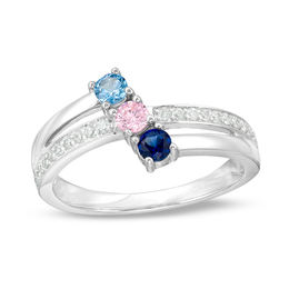 Mother's Birthstone and 1/6 CT. T.W. Diamond Bypass Ring (3 Stones)