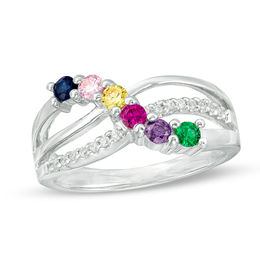 Mother's Birthstone and 1/10 CT. T.W. Diamond Crossover Ring (3-8 Stones)