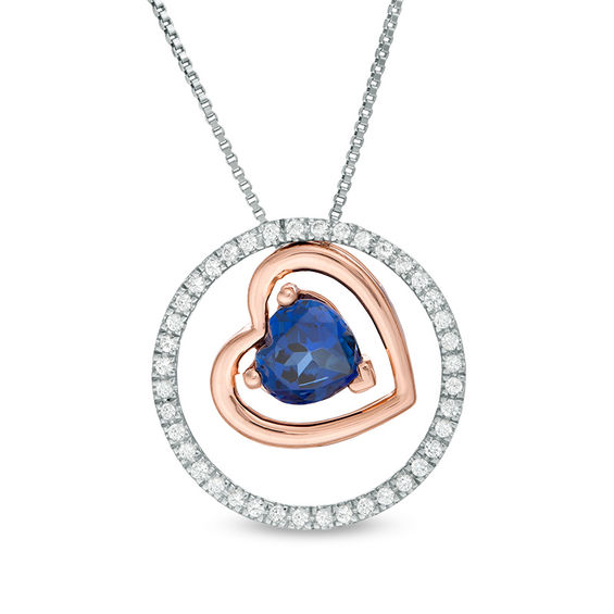 Lab-Created Blue and White Sapphire Tilted Heart in Circle Three-in-One Pendant in Sterling Silver and 10K Rose Gold