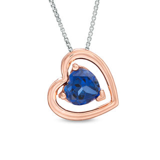 Lab-Created Blue and White Sapphire Tilted Heart in Circle Three-in-One Pendant in Sterling Silver and 10K Rose Gold