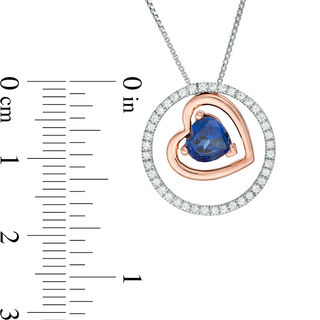 Lab-Created Blue and White Sapphire Tilted Heart in Circle Three-in-One Pendant in Sterling Silver and 10K Rose Gold