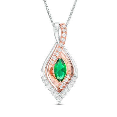 Marquise Lab-Created Emerald and 0.23 CT. T.W. Diamond Flame Three-in-One Pendant in Sterling Silver and 10K Rose Gold