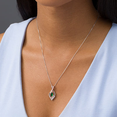 Marquise Lab-Created Emerald and 0.23 CT. T.W. Diamond Flame Three-in-One Pendant in Sterling Silver and 10K Rose Gold