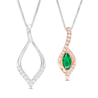 Marquise Lab-Created Emerald and 0.23 CT. T.W. Diamond Flame Three-in-One Pendant in Sterling Silver and 10K Rose Gold