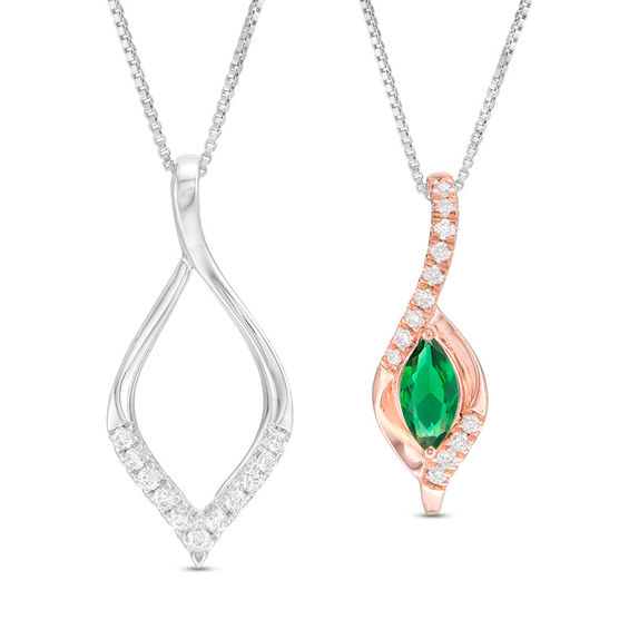 Marquise Lab-Created Emerald and 0.23 CT. T.W. Diamond Flame Three-in-One Pendant in Sterling Silver and 10K Rose Gold